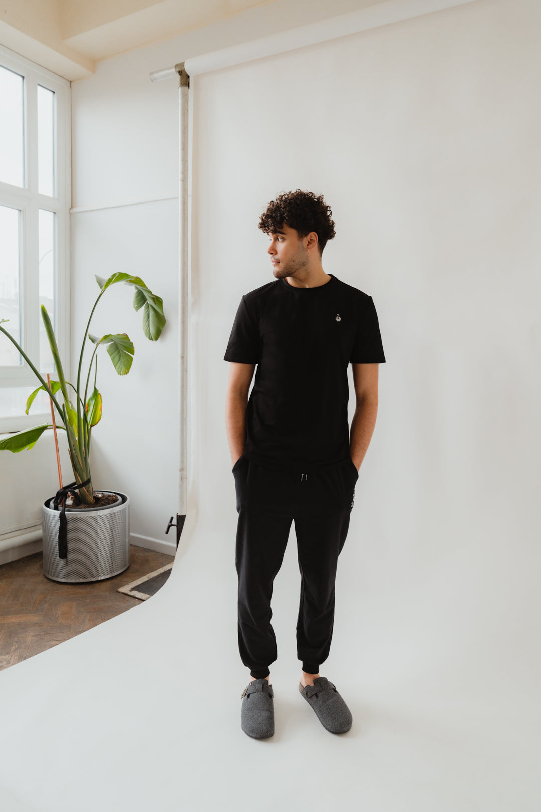 Jet Black Short Sleeved Top with Long Flannel Bottoms Sleepwear