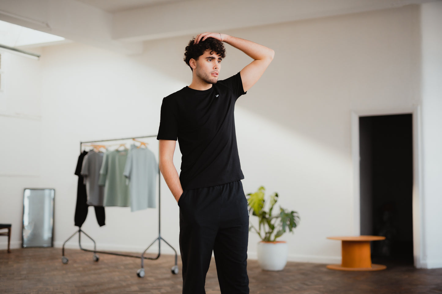 Jet Black Short Sleeved Top with Long Flannel Bottoms Sleepwear